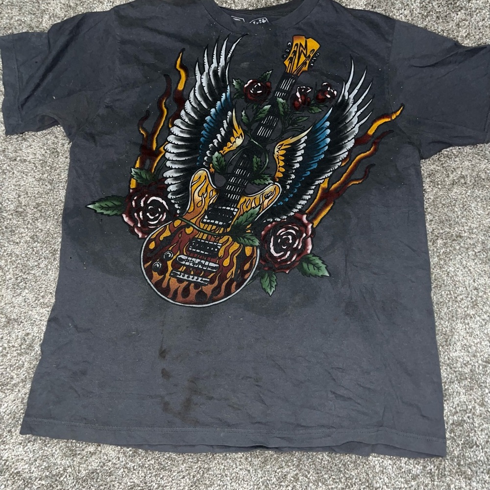 Y2K Grey Flying Guitar Graphic T Shirt